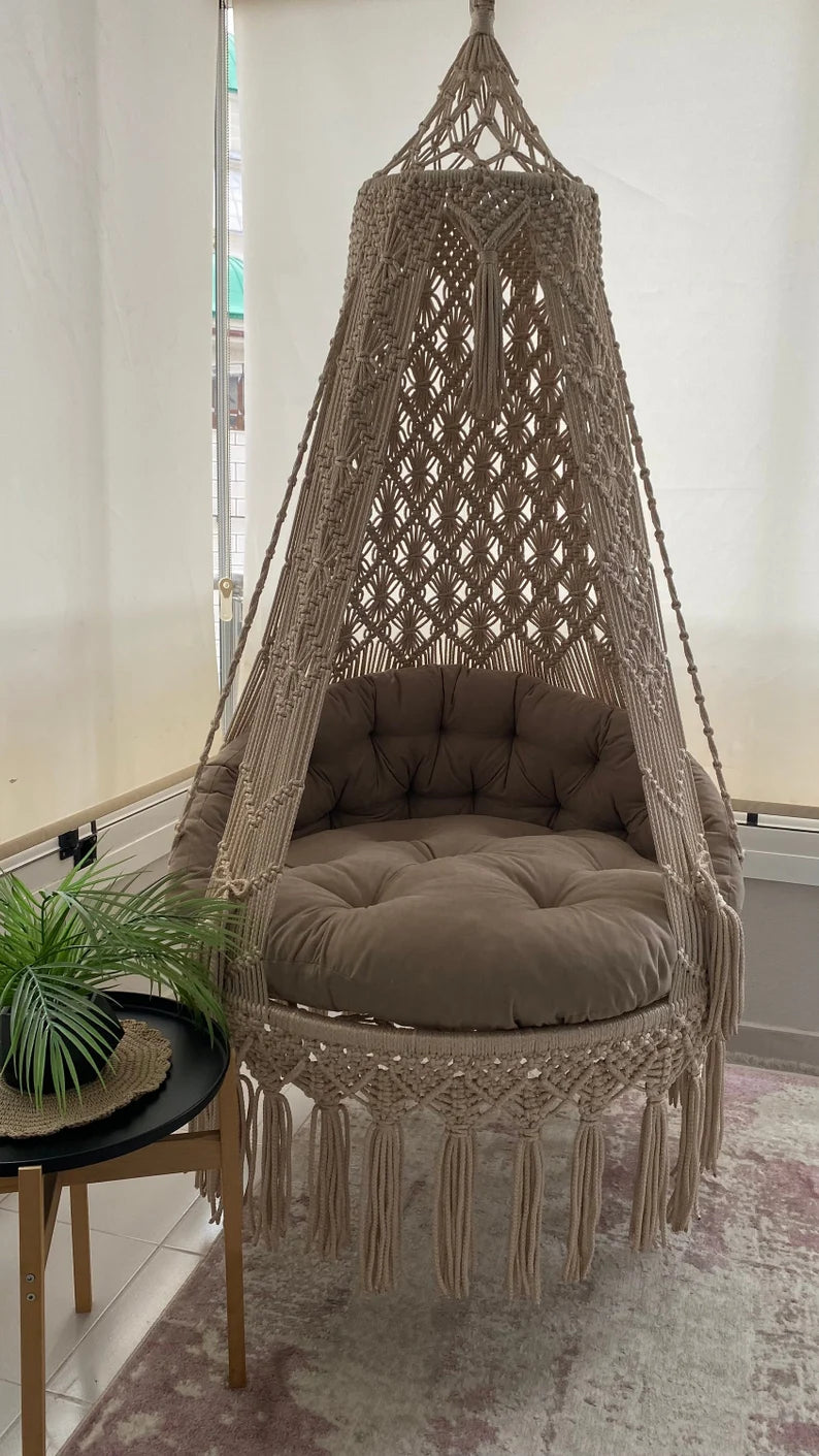 Brown Macrame Swing With Back Cushion in 35 inches - Leechoo